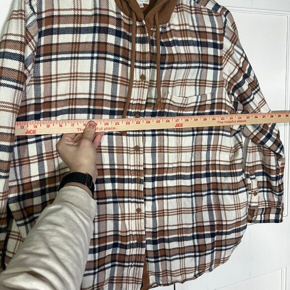 American Eagle Hooded Flannel Plaid Brown Cream Navy Fall Size XL Cozy Boyfriend - Picture 5 of 10
